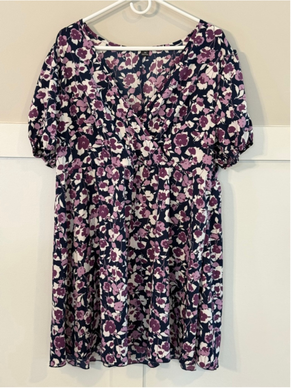Women 1XL Purple Floral Babydoll Dress Puff Sleeve V Neck Mini Plus Size